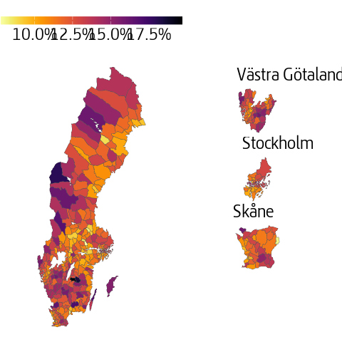 Kartdiagram som visar andel jobbonärer per kommun